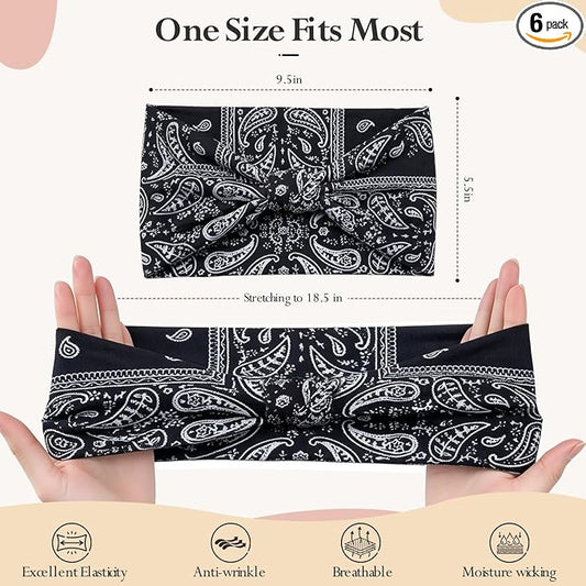 HSEM Headbands for Women 6-Pack – Wide Elastic Non-Slip Hair Bands – Thick Soft Knotted Sports Stretchy Sweatbands for Washing Face, Makeup, Workout, Running, Spa & Fashion, Water Drop