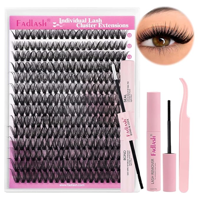 FADLASH Natural Lash Clusters Kit Individual Wispy Eyelash Clusters D Curl with Lash Bond and Seal Lash Glue Remover and Eyelash Tweezer for Beginners DIY at Home (40D-0.07D, 12-18mm, Kit)