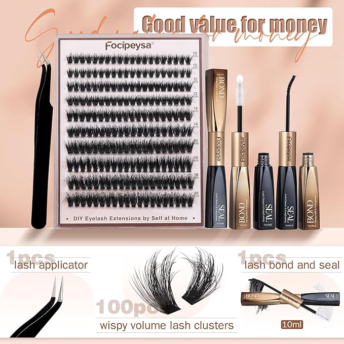 Focipeysa Volume Lash Clusters Kit D Curl Lashes Extensions Thick Volume Eyelash Clusters DIY Eyelash Extension with Lash Glue Lash Bond and Seal 10-16mm Fluffy Cluster Eyelash Extension DIY Lashes