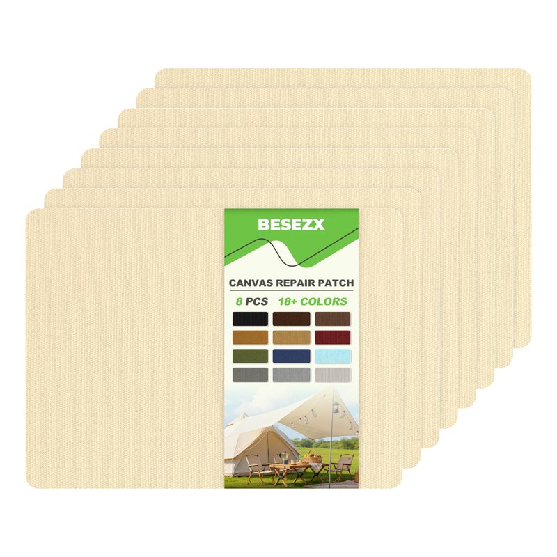 Besezx Canvas Repair Patch,Outdoor Gear Patch, 7.87x5.9 Inches 8PCS,Waterproof Self-Adhesive Fabric Repair Tape for Repairing Boat Covers,Sun Shades,Sofas,Tents,Lounge Chairs,Awnings (Beige)
