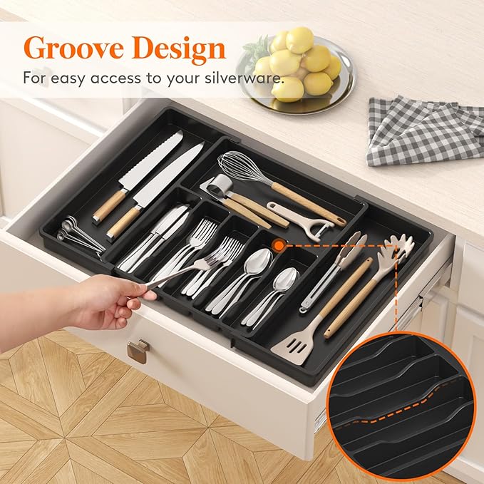 Lifewit Silverware Drawer Organizer, Expandable Utensil Tray for Kitchen, BPA Free Flatware and Cutlery Holder, Adjustable Plastic Storage for Spoons Forks Knives, 15- 27 x 18.5", Black