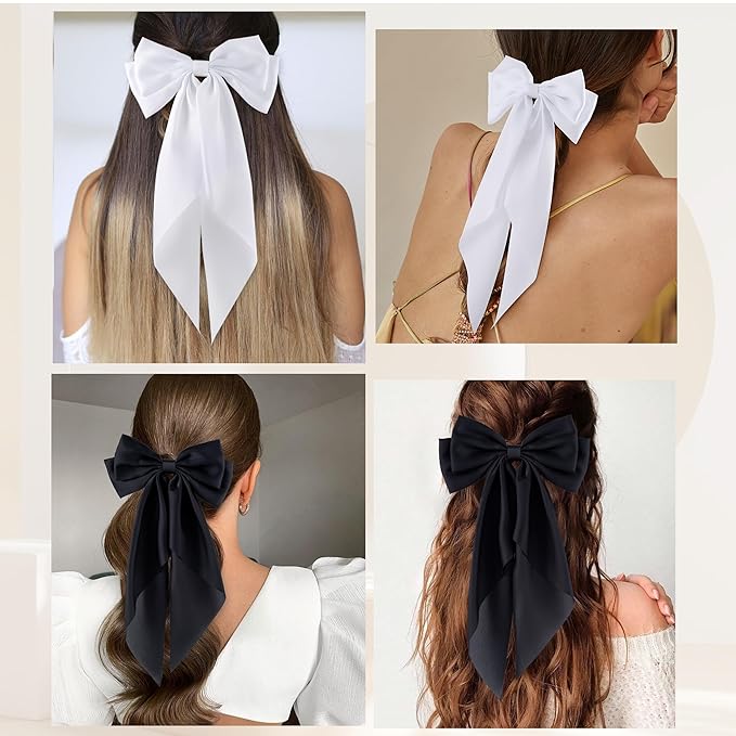 6Pcs Large Bows Hair Clips for Women Girls Long Tail Hair Ribbon Silky Satin Barrettes Coquette Hair Bows Accessories (Black/White)