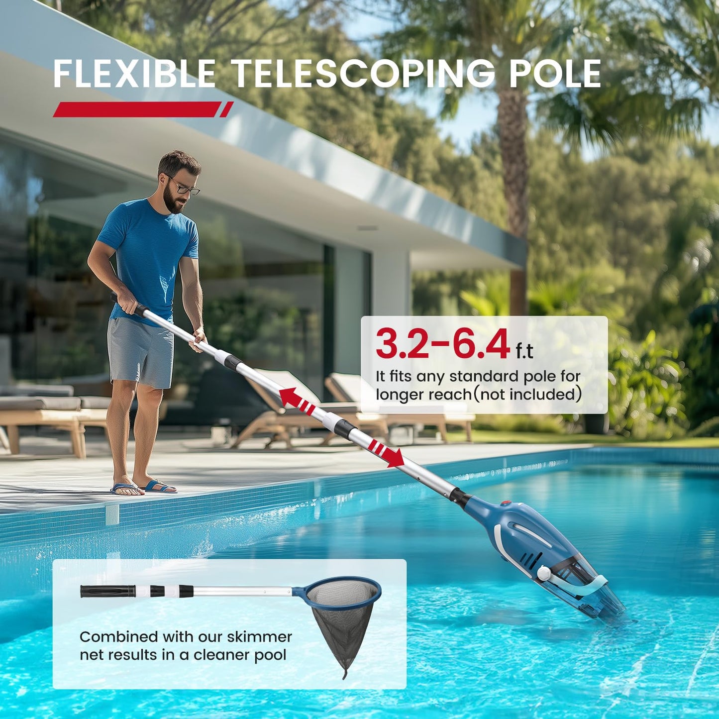 Enhulk Pool Vacuum for Above Ground Pool, 2026 Upgraded Pool Vacuum with A Telescopic Pole, 18.5 Gal/Min Powerful Suction, 80Mins Runtime, Effortlessly Cleans Debris Underwater (Blue)