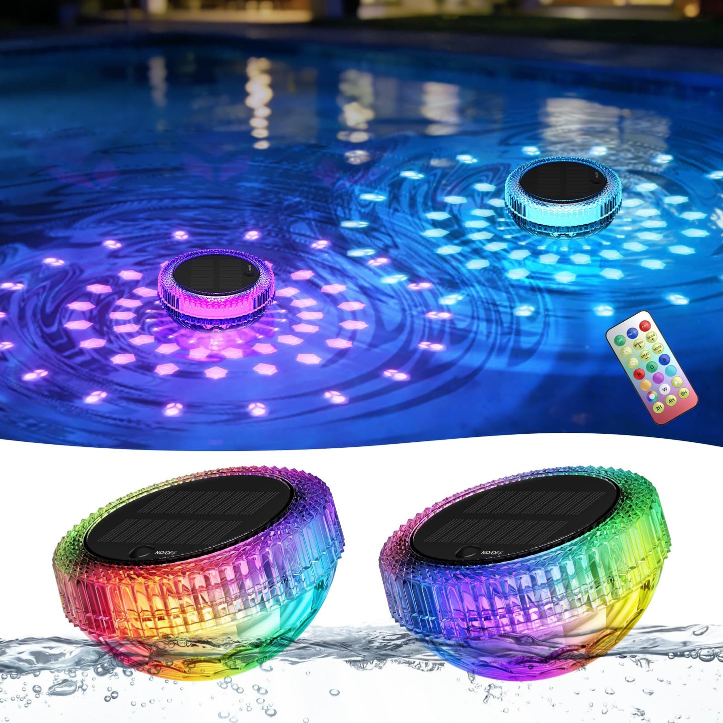 Bsgifts Solar Floating Pool Lights, Outdoor LED Pool Lighted that Float with Remote, IP68 Waterproof Swimming Decor Lighting for Inground Pool, Above Ground Pools, Pond, 2 Pack
