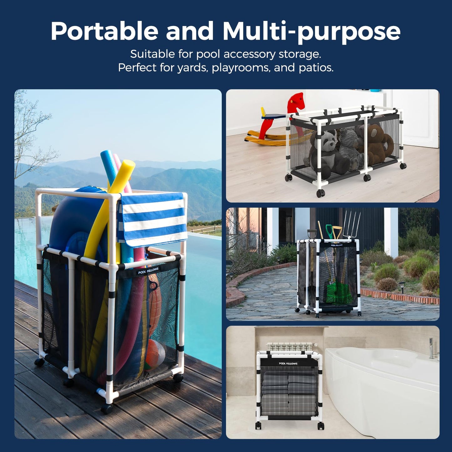 POOL FELLOWS Pool Storage Bin, 90 Gallons, Holder for Noodles, Toys, Floats, Towels, Mesh Organizer for Swimming Equipments, Mini Plus Style