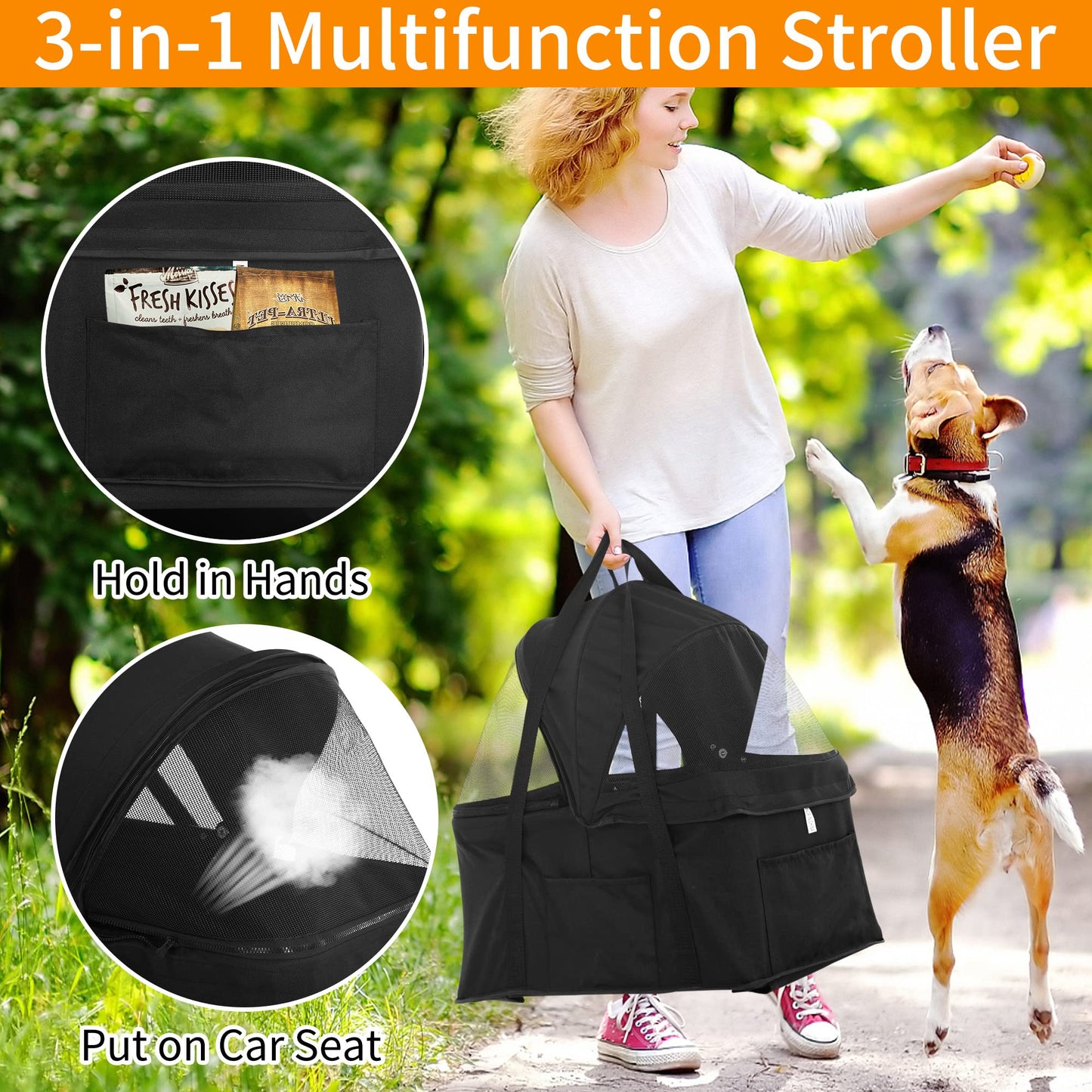 BLKMTY Dog Stroller 3-in-1 Folding Pet Stroller 4 Wheels Cat Strollers w/Storage Basket Dog Carrier Trolley One-Button Switch Travel Strollers with Safety Belt Detachable Carrier, Black