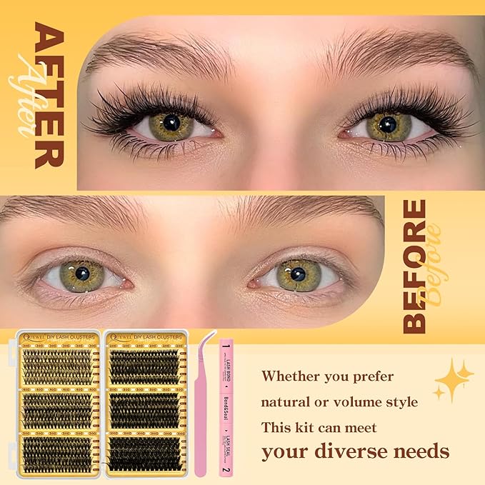 QUEWEL 580PCS Lash Clusters Kit 30D+40D+50D+60D+80D+100D Lashes Clusters Kit 10-18mm Cluster Lashes Individual Eyelash Clusters Reusable for Natural DIY Cluster Eyelash Extensions for Beginners