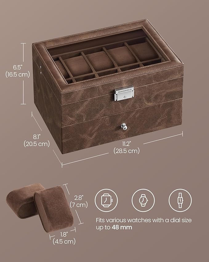 SONGMICS Watch Box, 20-Slot Watch Case Organizer with Large Glass Lid, Removable Pillows, Metal Lock, Gift for Loved Ones, Coffee Brown Synthetic Leather, Coffee Brown Lining UJWB020KZ02S