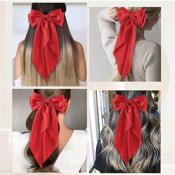 6Pcs Large Bows Hair Clips for Women Girls Long Tail Hair Ribbon Silky Satin Barrettes Coquette Bows Accessories (Red)