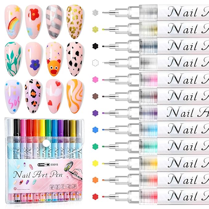 SAVILAND Nail Art Pens Set: 12 Colors 0.5MM Quick-Drying 3D Nail Polish Pens Ultra-Fine Tip Paint Markers for Precise Dotting, Liner & Detailing Design for Beginners, DIY Home Salon Manicure Supplies