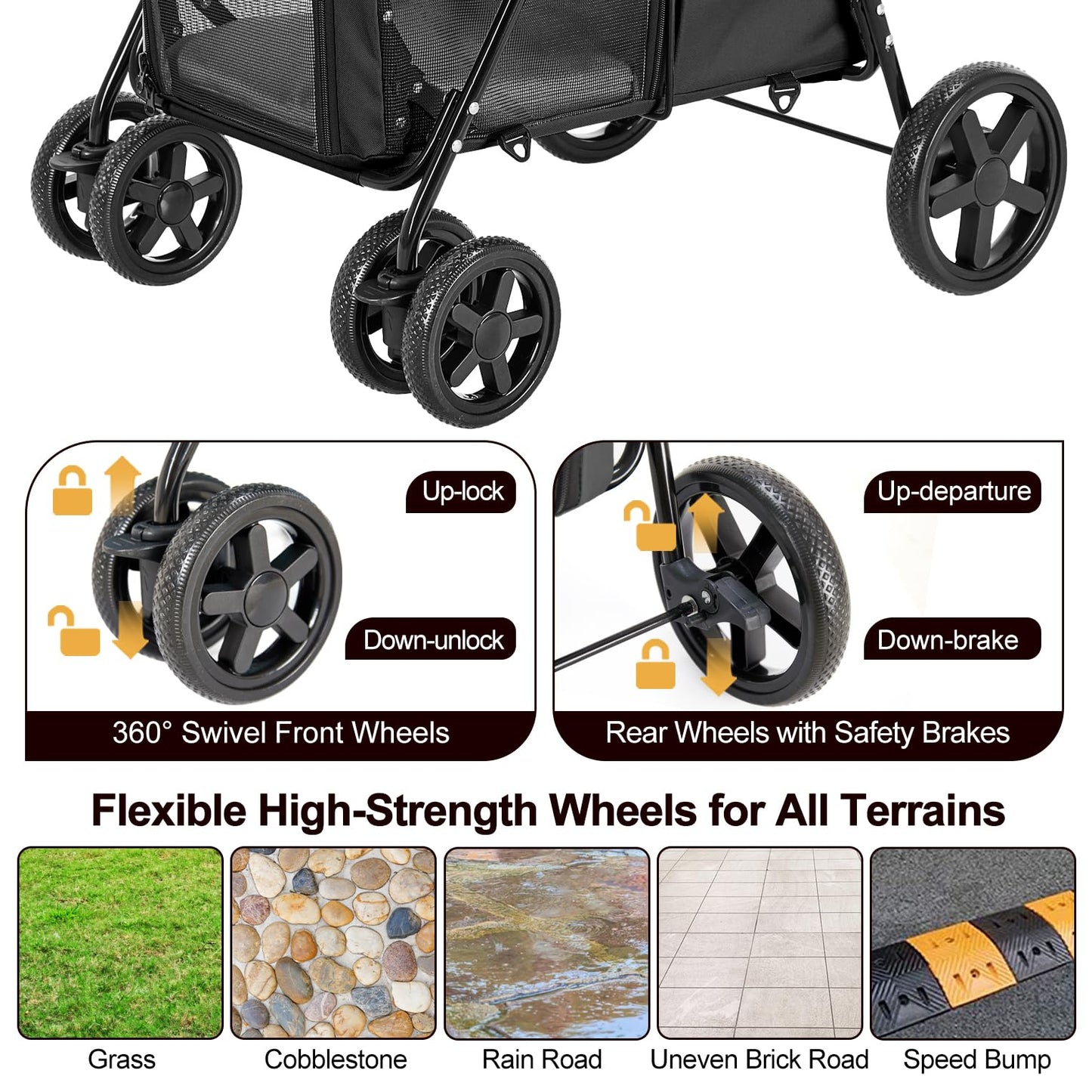 LPOTIUS Double Pet Stroller for Dogs and Cats with 2 Detachable Carrier, Quick-Folding Dog Stroller for Medium Small Dogs Cats, 4 Wheels, Black