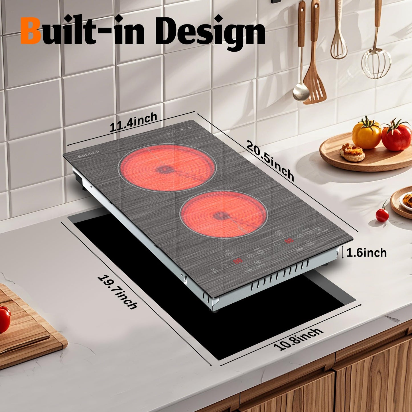 Karinear 2 Burner Electric Cooktop 110V, 12 Inch Countertop & Built-in Electric Stove Top, Plug-in Ceramic Cooktop with Child Safety Lock, Timer, Pause, Smooth Glass Surface with Beautiful Pattern(B)