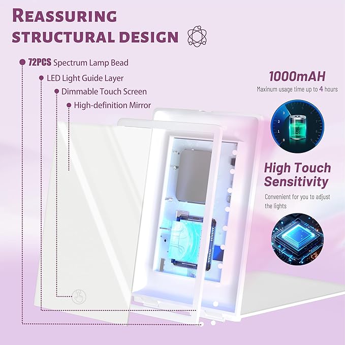 Travel Makeup Mirror with Lights, Rechargeable Portable Folding Compact Mirror, Lighted Makeup Mirror with 72 LEDs 3 Color Light Modes, Dimmable Touch Screen LED Vanity Mirror with Lights-02