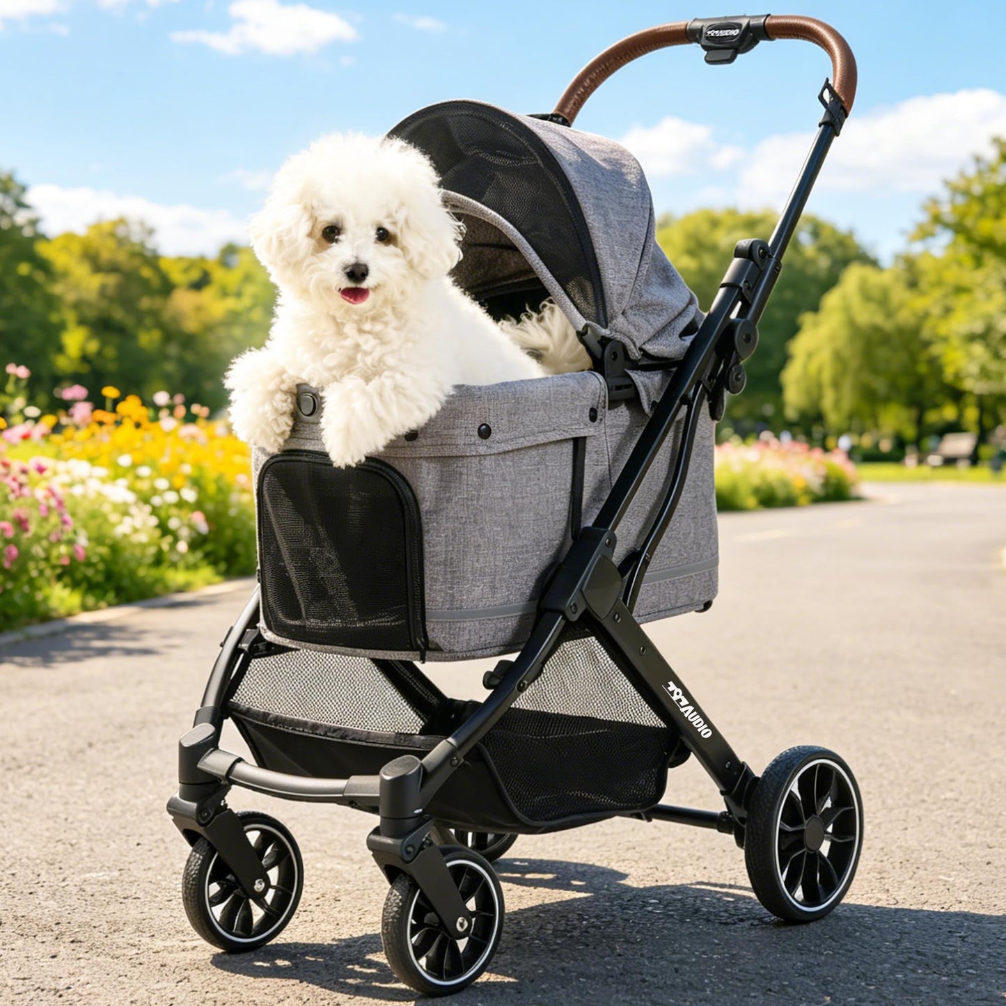 797Audio Dog Stroller for Small Medium Dogs, Pet Stroller for Cats Puppy Up to 121lbs,Foldable,One Click Folding,4 Wheel Shock Absorption,Adjustable Canopy with Sun Shades,Removable Washable Pad(Grey)