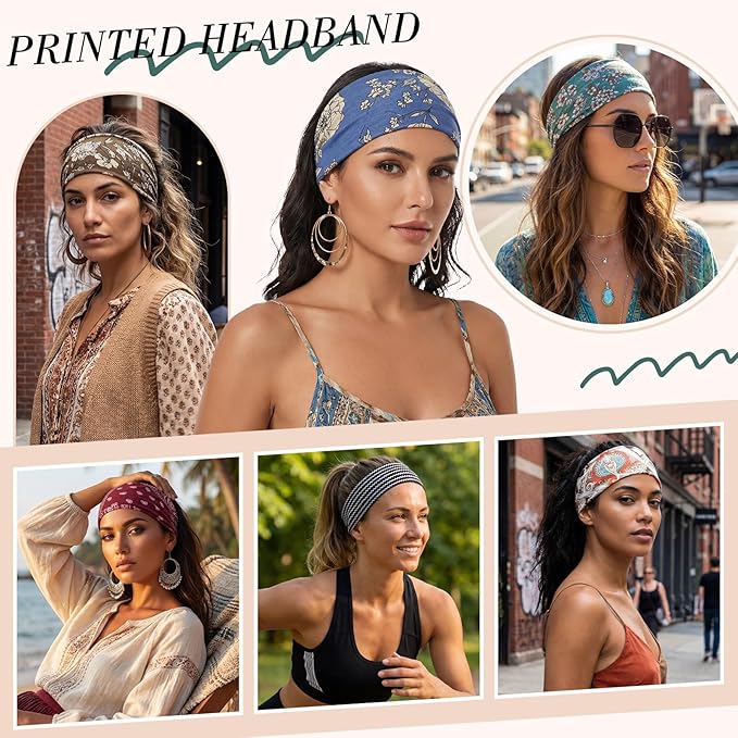 obeoby Boho Style Headbands for Women, 8 Pack Non Slip Headbands Fashion Hippie Clothes for Mom Grandmother Gift Wide Hairband Hair Wrap