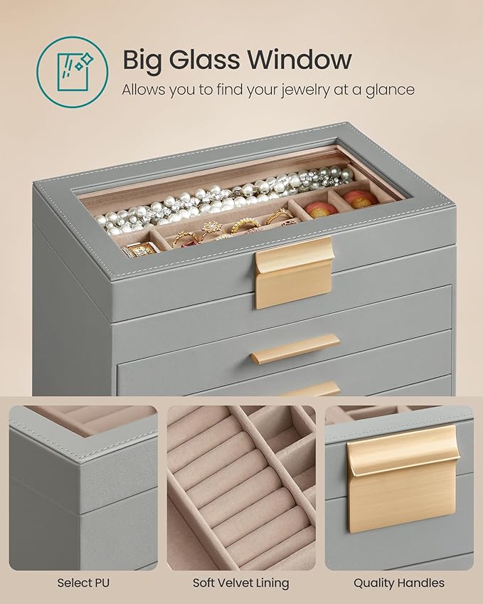 SONGMICS GISELLA Collection - Jewelry Box Organizer, 6-Layer Jewelry Storage with 5 Drawers, Shiny Metal Hardware, Glass Lid, Modern, 6.4 x 9.9 x 11.4 Inches, Dove Gray and Gold Color UJBC171G01