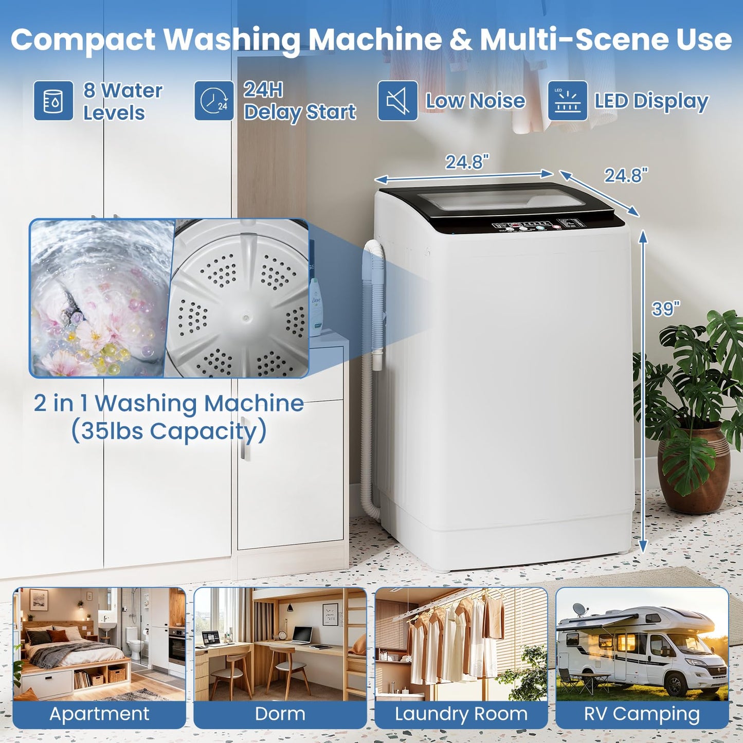 VCJ Portable Washing Machine, 35 LBS Large Capacity Full-Automatic Portable Washer with 12 Wash Cycles, 8 Water Levels & 24H Delay, Compact Electric Laundry Washer for Apartment, Dorms,RVs