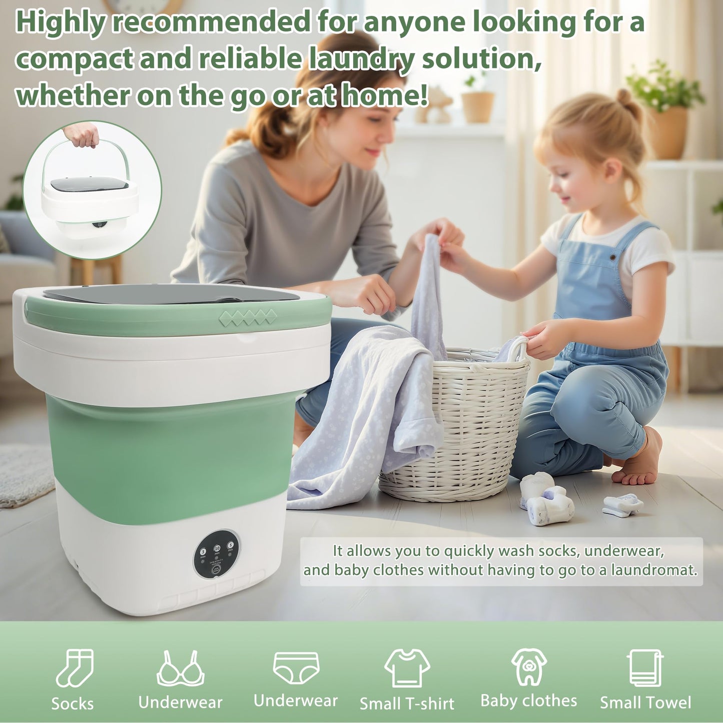 Portable Washing Machine 17L, Foldable Mini Washer with Spin Dryer, 3 Cleaning Modes for Baby Clothes, Underwear & Socks, Compact Laundry Machine for Travel, Dorms & Camping