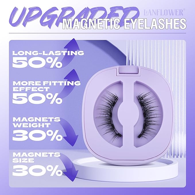 Lanflower Magnetic Eyelashes with Applicator, Mangetic Eyelashes Natural Look, Wispy Magnetic Lashes, No Glue Needed Magnetic Eyelashes, Strong Hold, Reusable, Waterproof, Cat Eye, No Irritation