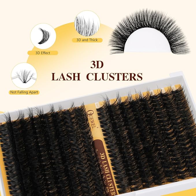 QUEWEL Lash Clusters Kit, 320Pcs 80D+100D 3D Lash Cluster Eyelash Extensions 12-18mm Volume Lash Clusters Kit with Lash Bond and Seal and Lash Tweezers Easy DIY at Home(80+100D 3D Kit)