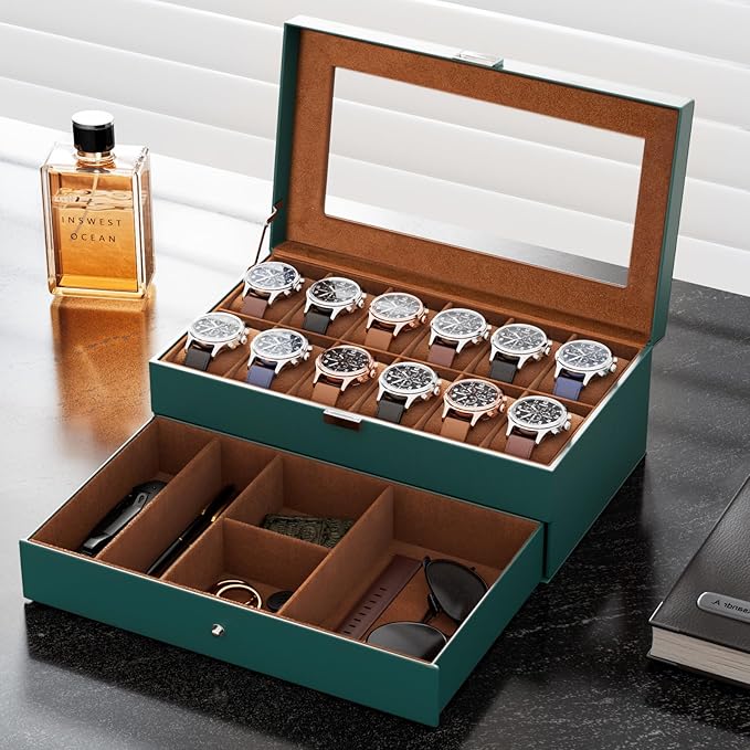 ProCase Watch Box, 12 Slot Mens Watch Case With Drawer, 2-Layer Watch Display Case With Glass Lid, Mens Jewelry Box Storage Holder Organizer, Birthday Valentine Gifts for Men -12Slot, MidnightGreen