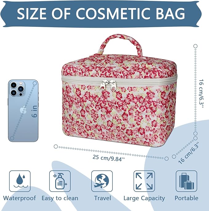 Gosect 1pc Large Makeup Bag, Cute Cosmetic Bag for Women Girls, Floral Coquette Aesthetic Toiletry Bag, Travel Make Up Organizer Bag (Red Small Flower