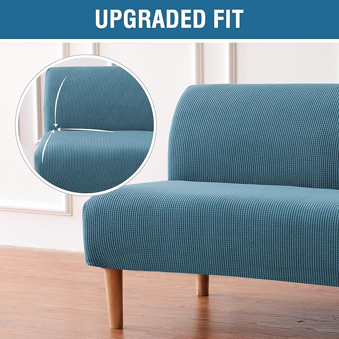 H.VERSAILTEX Armless Futon Cover Stretch Sofa Bed Slipcover Protector Elastic Feature Rich Textured High Spandex Small Checks Jacquard Fabric Futon Cover, Machine Washable, Storm Blue