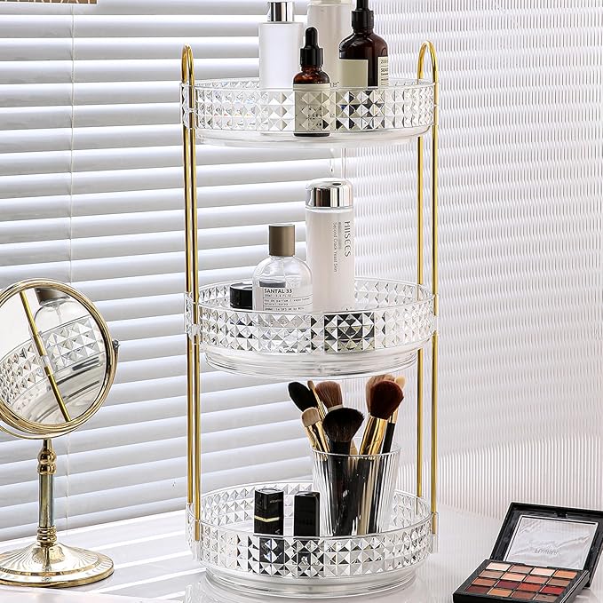 Fangoo 3 Tiers Clear Rotating Makeup Organizer for Vanity, 360 Spinning Skincare Organizers for Dresser Perfume Organizer Large Skincare Make up Storage Cosmetic Organizer for Bathroom Countertop