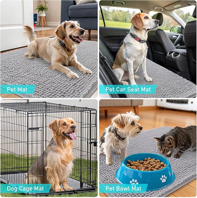 OLANLY Dog Door Mat for Muddy Paws 47x24, Absorbs Moisture and Dirt, Absorbent Non-Slip Washable Doormat, Quick Dry Chenille Mud Mat for Dogs, Entry Indoor Entryway Carpet for Inside Floor, Light Grey