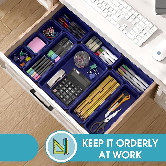 16 PCS Drawer Organizer Set, 4 Size Makeup Drawer Divider Organizer With Non-Slip Pads, Interlocking Plastic Storage Bins for Office,Jewelry Vanity,Gadgets, Bathroom,Kitchen, Navy