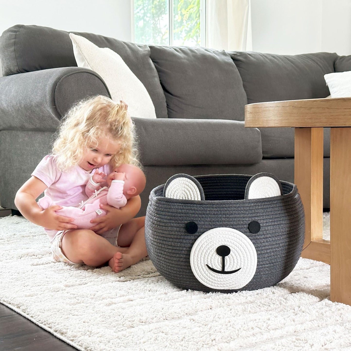 CherryNow Cotton Rope Baby Cute Storage Basket for Organizing, Toy Woven Rope Bear Basket for Kids, Empty Gift Baskets with Handles, Grey, 15.7" D x 10.5" H