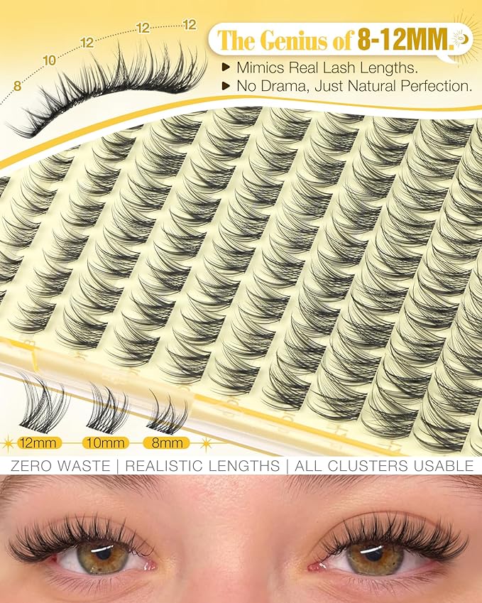 Short Lash Clusters Kit 8-12MM Natural Eyelash Clusters Wispy Cluster Lash Extensions Kit Clear Band Cluster Eyelash Extensions with Bond and Seal (C Curve, 132PCS)