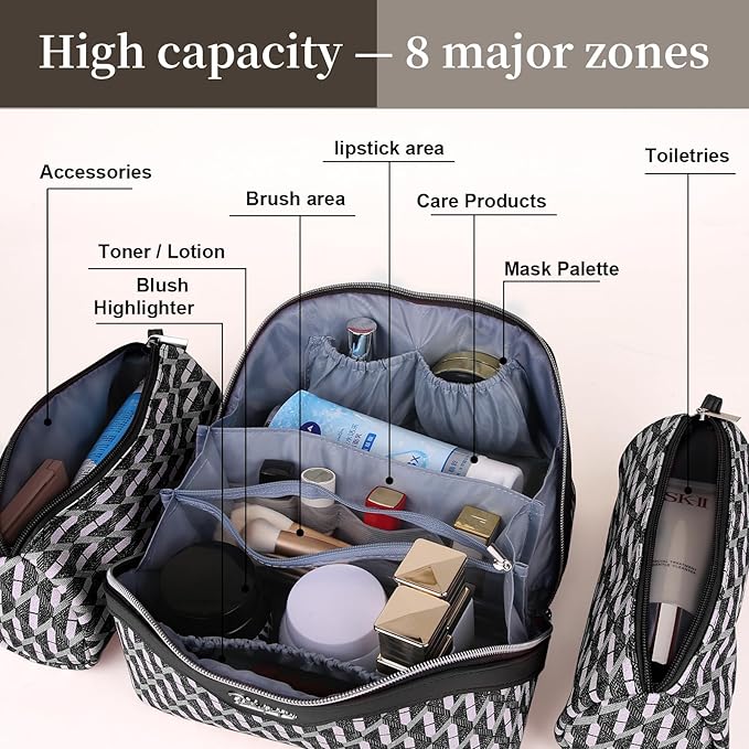BOYATU Travel Makeup Bags for Women: Large Capacity Cosmetic Bag Set of 3 - Vegan Leather Make up Bags with Compartments - Wide Open Waterproof Toiletry Organizer Bag with Handle (P-04-Black)