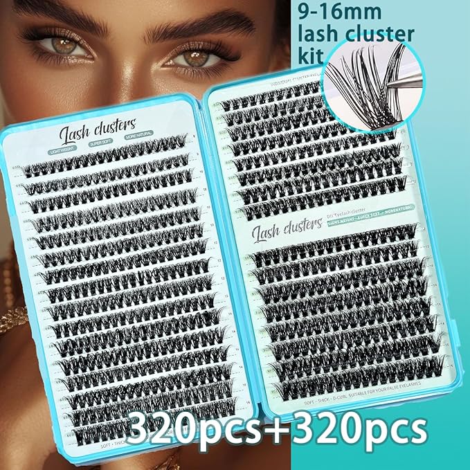 Wispy Lash Clusters 640pcs Eyelash Cluster Extensions 60D+80D Curl Individual False Eyelashes 9-16mm Natural Fluffy Mink Lash Clusters Extension Kit