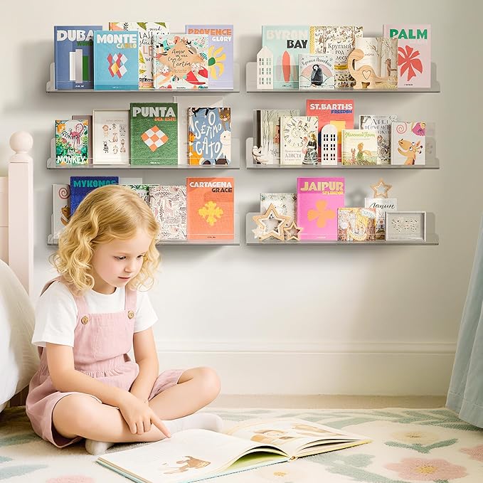 upsimples 6 Pack Acrylic Shelves for Wall Storage, 15" x 4Ã¢ÂÂ Floating Bookshelves for Kids, Display Shelf Organizer for Bathroom, Bedroom, Living Room, Kitchen, Room Decor, Clear