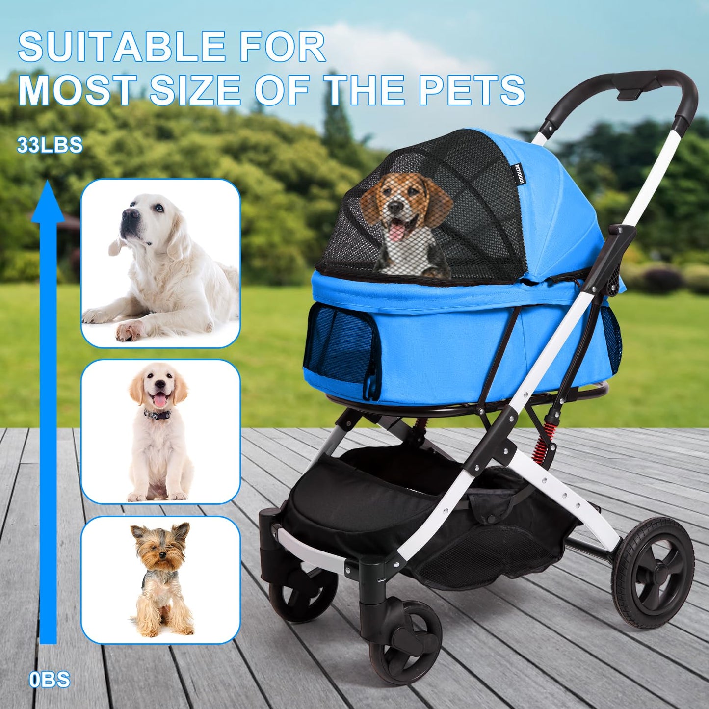BETSOCCI Pet Stroller for Medium Small Dog & Cat, Foldable Lightweight Dog Stroller with Storage Basket Pet Travel Carriage with Safety Leashes, 4 Wheel, Blue