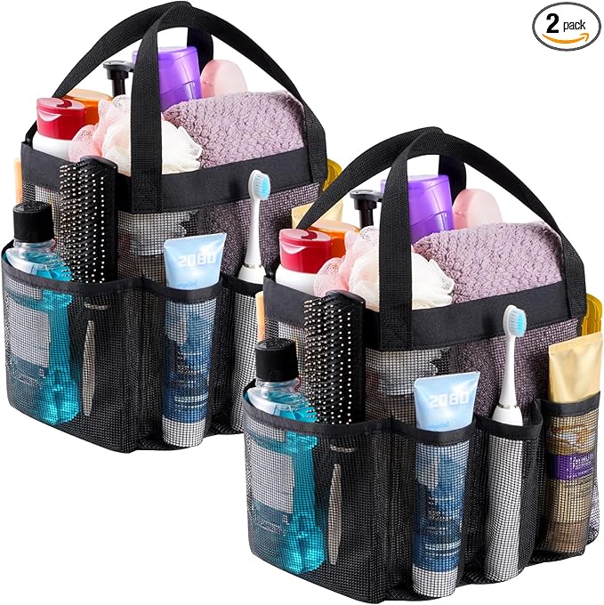 Lifewit Mesh Shower Caddy 2 Packs, Freestanding Portable Shower Tote Bag for Dorm, Bathroom, Gym, Travel, Quick Dry Hanging Organizer with 7 Storage Pockets for Toiletry Essentials, Black