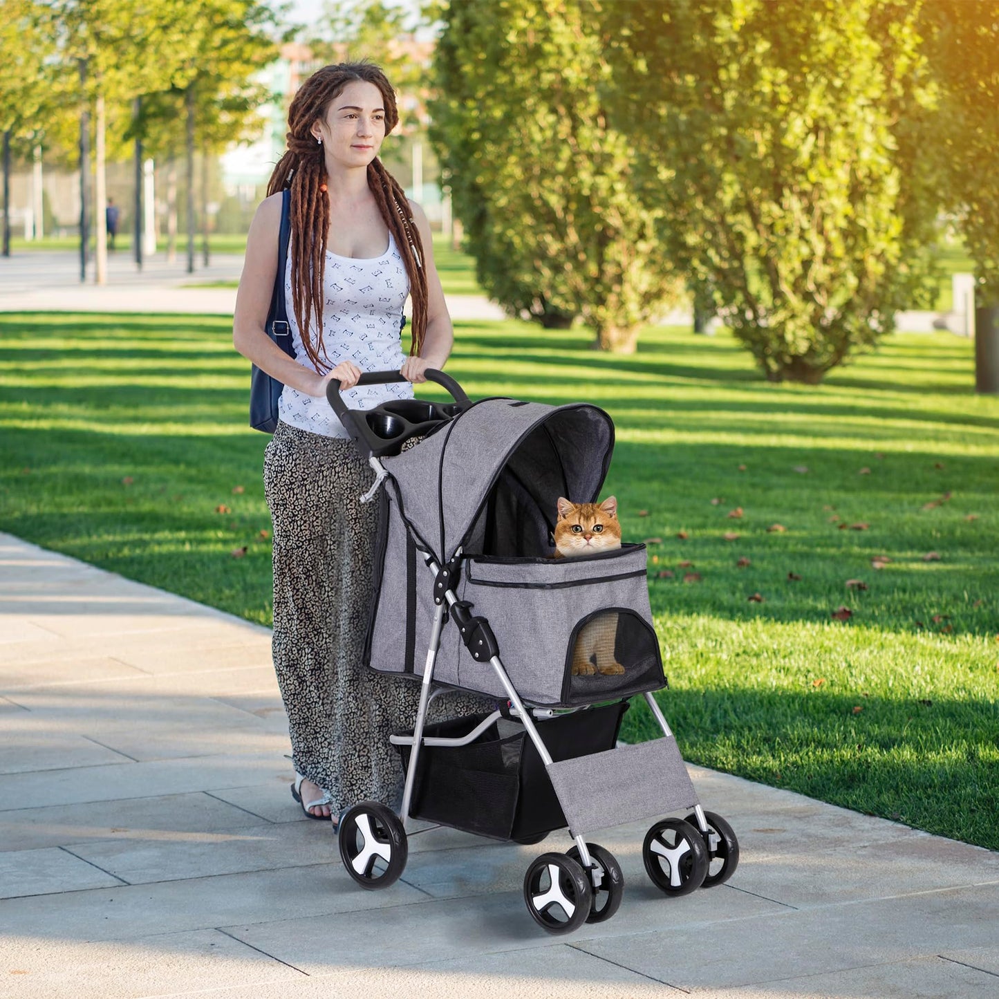 LEMY Pet Stroller, 4 Wheels Dog Cat Stroller with Storage Basket&Cup Holder,Grey Folding Dog Cat Cage Jogger Strollers for Small Medium Dogs Cats Travel