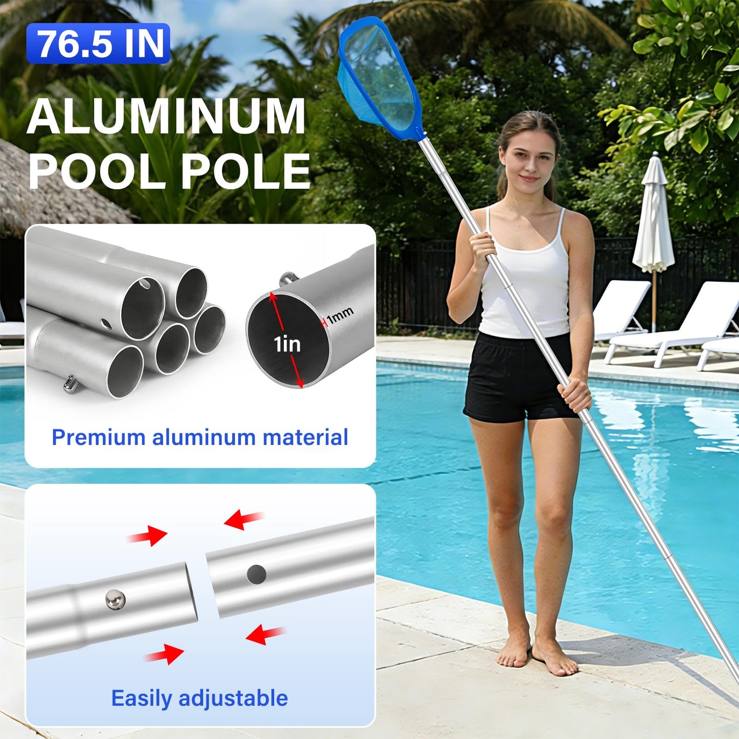 Swimming Pool Cleaning Kit Including 12.5 in Pool Brush Head,Ultra Fine Mesh Pool Leaf Skimmer Net with Maximum Length 76.5 in Aluminum Pole for Remove Debris and Dirt