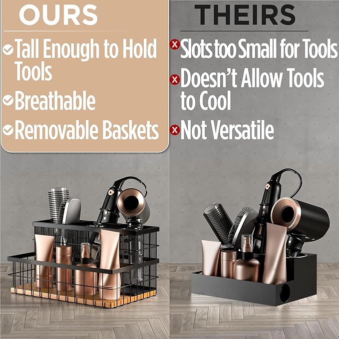 HB Design Co. Hair Tool Organizer - Countertop & Under Sink - Breathable Metal & Bamboo - Hot Hair Tools Organizer - Black
