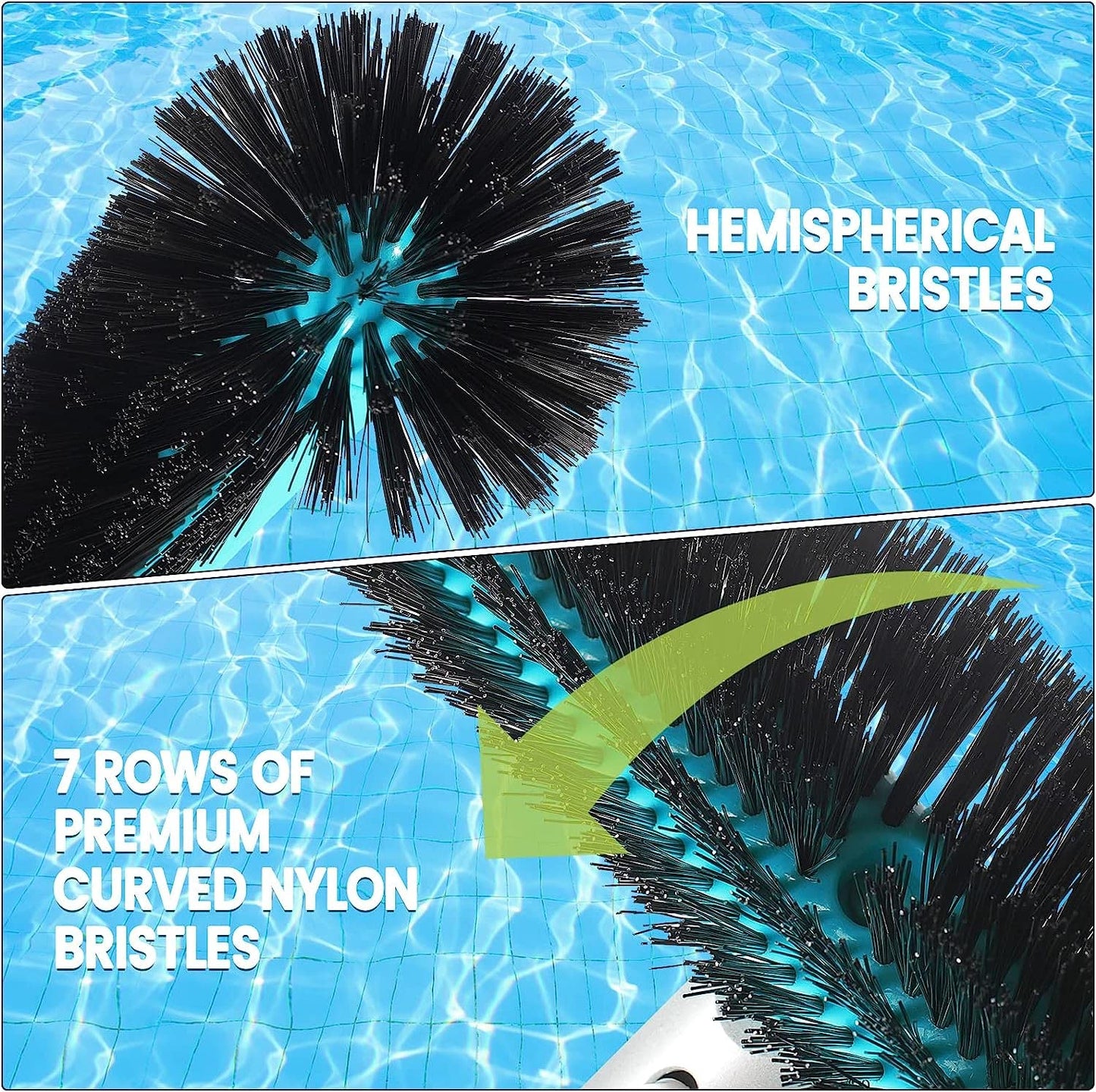 Swimming Pool Brush Head with Round Ends,17.5" Heavy Duty Aluminum Back Head for Cleans Walls, Tiles & Floors, 7 Rows Premium Nylon Bristles with EZ Clips (Blue Black)