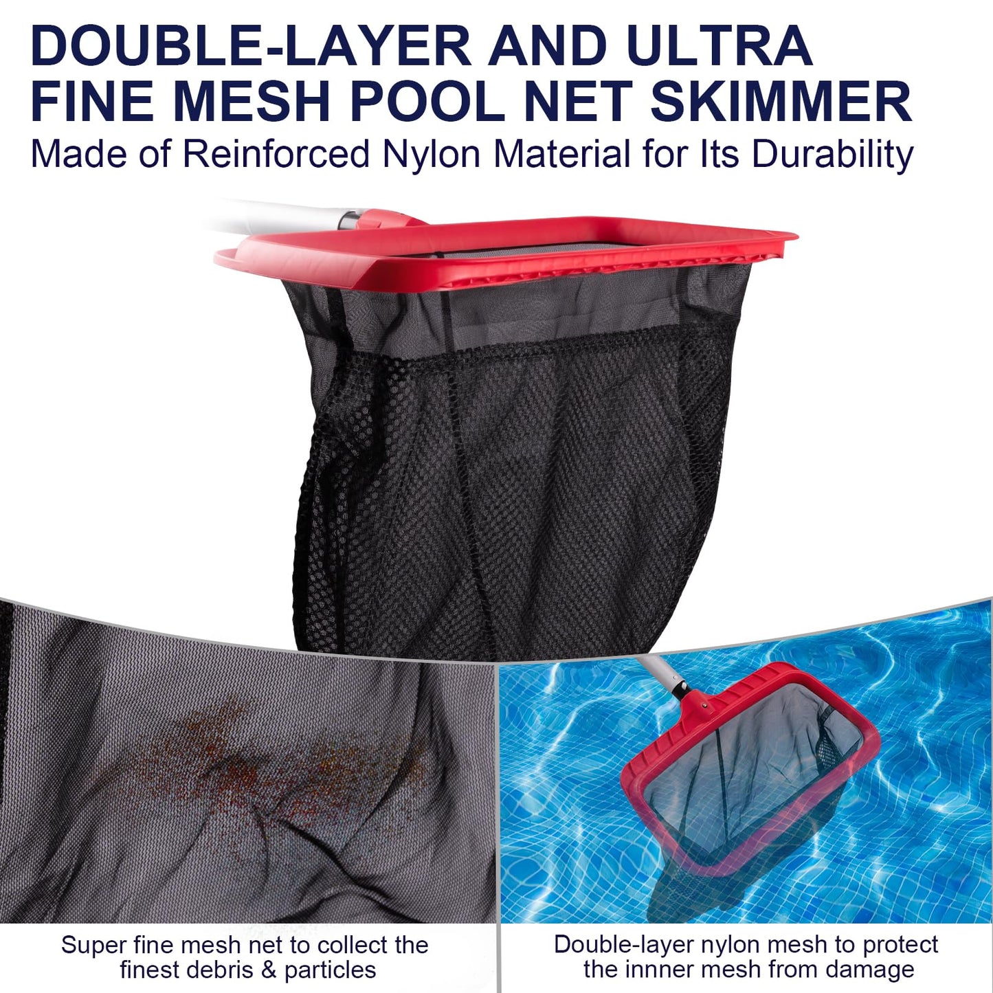 urchindj Pool Skimmer Net, Upgraded Pool Net Skimmer with Double-Layer Netting Bag, Larger Capacity Pool Nets for Cleaning Finest Debris, Thickened Frame Pool Leaf Net Reinforced with Grid Structure
