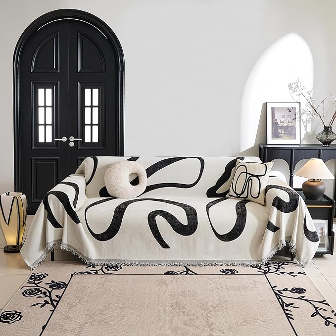 MYSKY HOME Boho Couch Cover Super Soft Couch Covers for 2-3 Cushion Couch Sofa, Modern Black Jacquard Sofa Slipcover Loveseat Futon Cover, Couch Covers for Sectional Sofa, 71" x 102", Black Curve