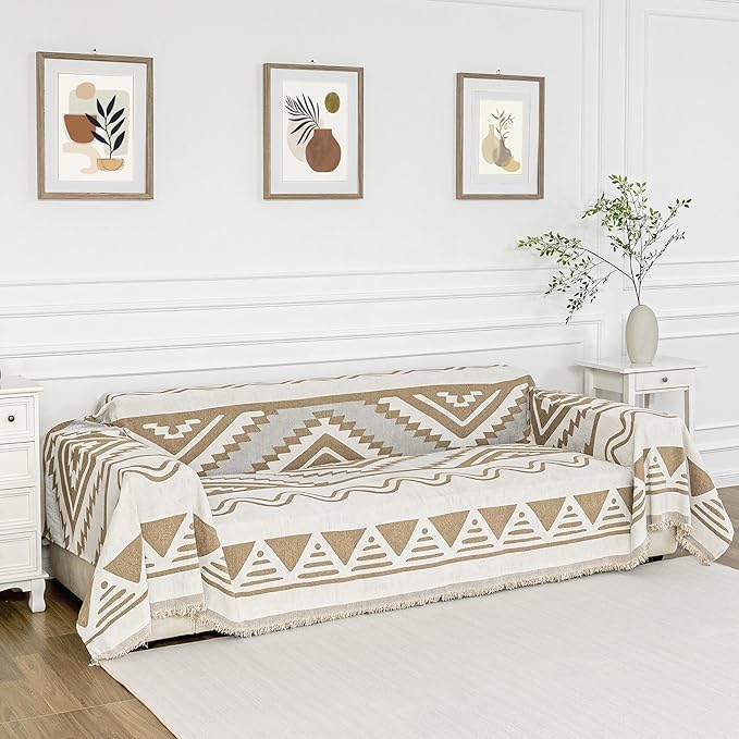 MYSKY HOME Sectional Couch Cover Khaki Boho Geometric Sofa Covers for Sectional Sofa L Shape Chenille Couch Protector for Dogs Pets Couch Throw Cover Washable Durable for Home Decor, 71" X118"