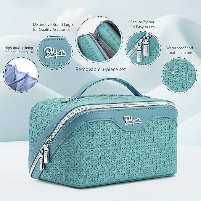 BOYATU Travel Makeup Bag Cosmetic Bags for Women: Large Capacity 3 Pcs Set Make up Bag with Compartments - Waterproof Vegan Leather Toiletry Organizer Bags with Handle (M-75Blue)