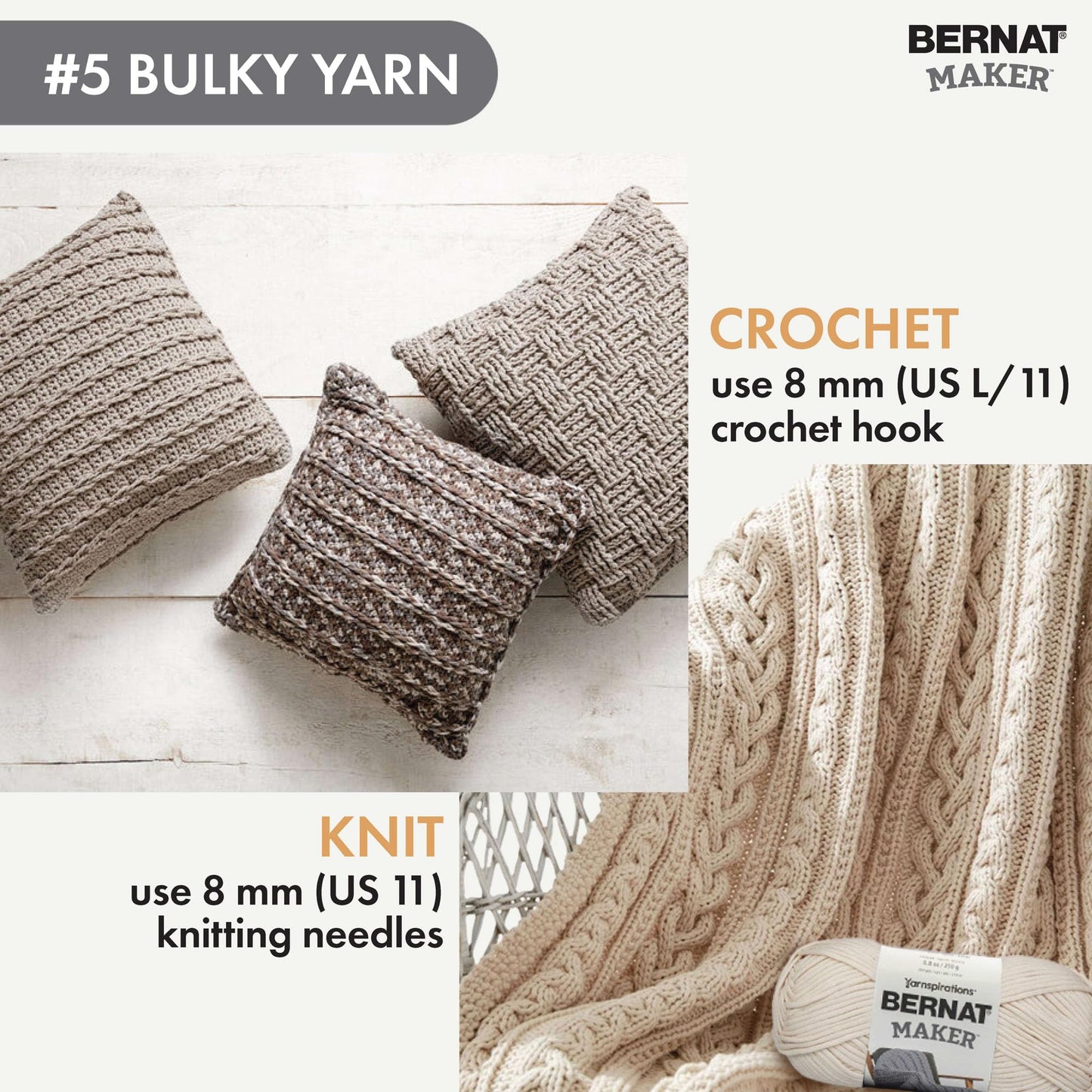 Bernat Maker Navy Yarn - 2 Pack of 250g/8.8oz - 72% Cotton 28% Nylon - #5 Bulky - 290m/317Yards - for Knitting, Crochet and Amigurumi