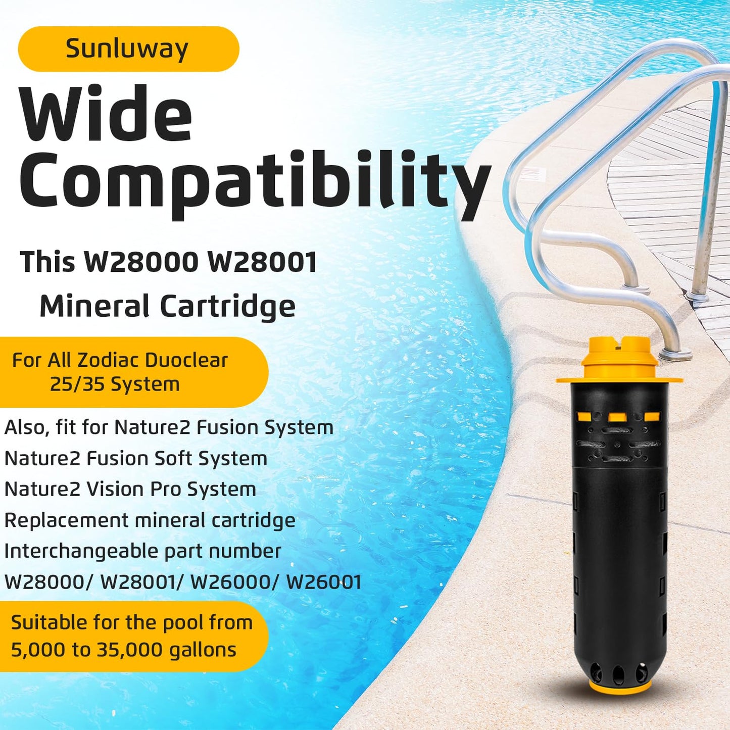 W28000 W28001 Replacement for Nature2 Duoclear 25 35 Mineral Cartridge for All Zodiac Duoclear & Fusion, Fusion Soft, Vision Pro System Aboveground Ingroud Pool Vessels for up to 35,000 Gallons Pool