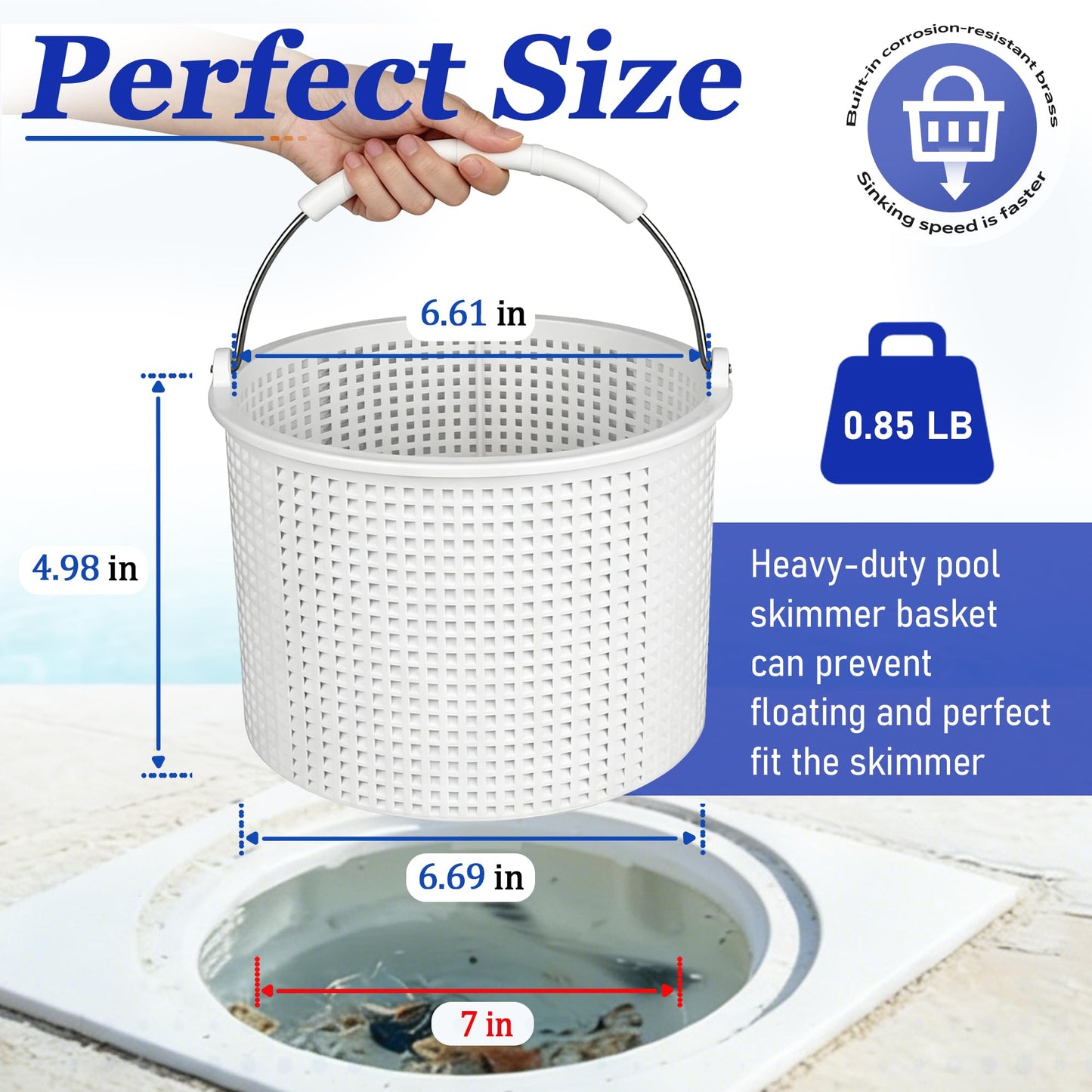 Inground Pool Skimmer Basket for Hayward Skimmer Basket&Pool Filter Baskets SP1082CA Series, Aladdin B-152, Built-in Brass Weight - Anti-Floating Filter Baskets, 316 Stainless Steel Handle Rubber Grip