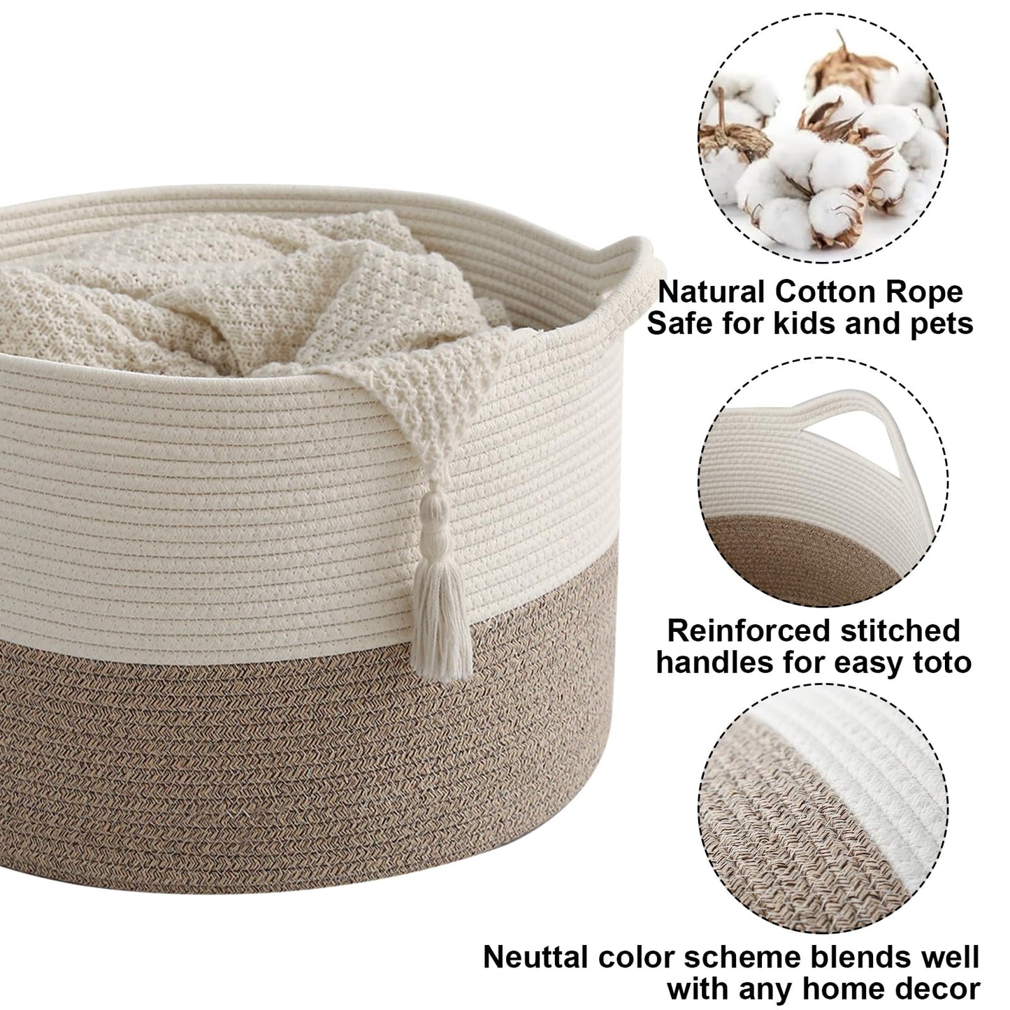 HZFTJOY 65L Large Woven Cotton Rope Blanket Basket with Handles, Laundry Hamper Storage Bin for Pillows, Clothes, Bedroom and Living Room Organization, White & Brown