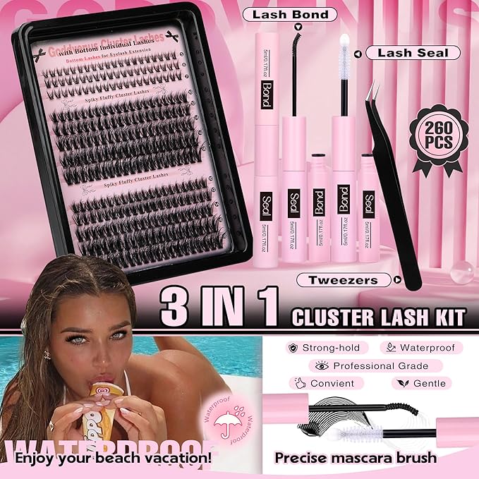 Goddvenus Wispy Lash Clusters Kit Cluster Eyelash Extensions Natural Lash Extension Kit C Curl Fluffy Individual Eyelashes with Bottom Lashes Clusters Waterproof Bond and Seal DIY at Home